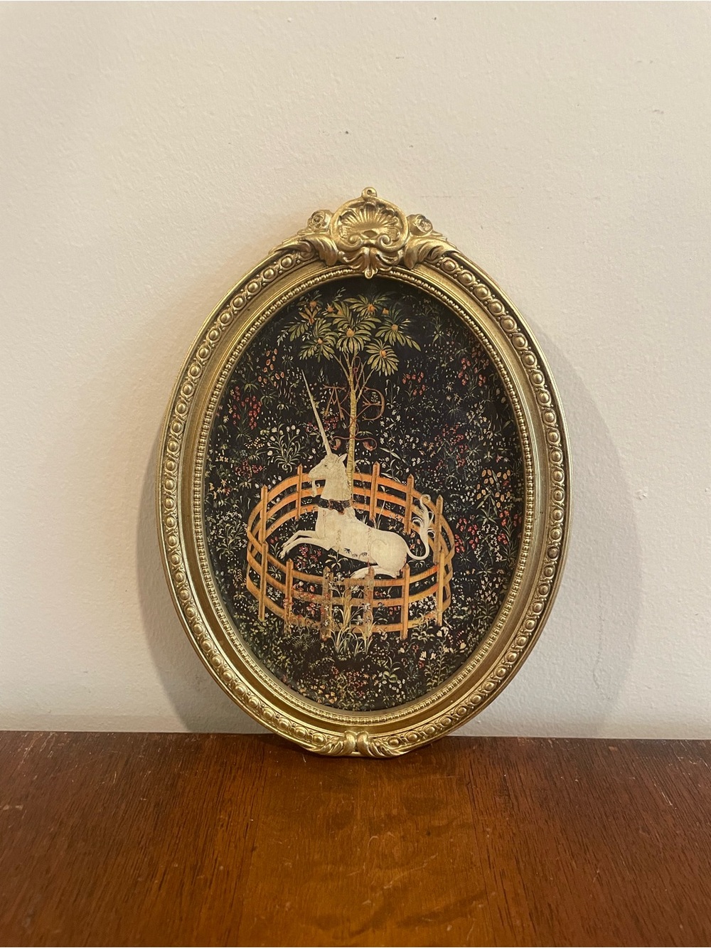 Unicorn Tapestry Framed Print 6x8.5 Ornate Gold Oval Fantasy Wall Art